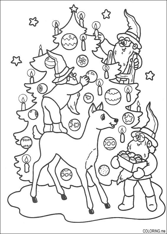 Coloring page : Christmas tree and elves preparing - Coloring.me